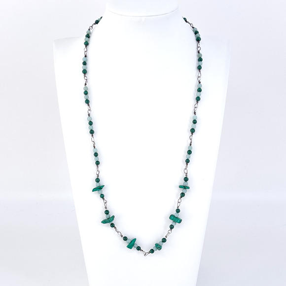 Vintage Sterling Silver 925 Malachite Amazonite Bead Necklace 22.5” - Picture 1 of 6